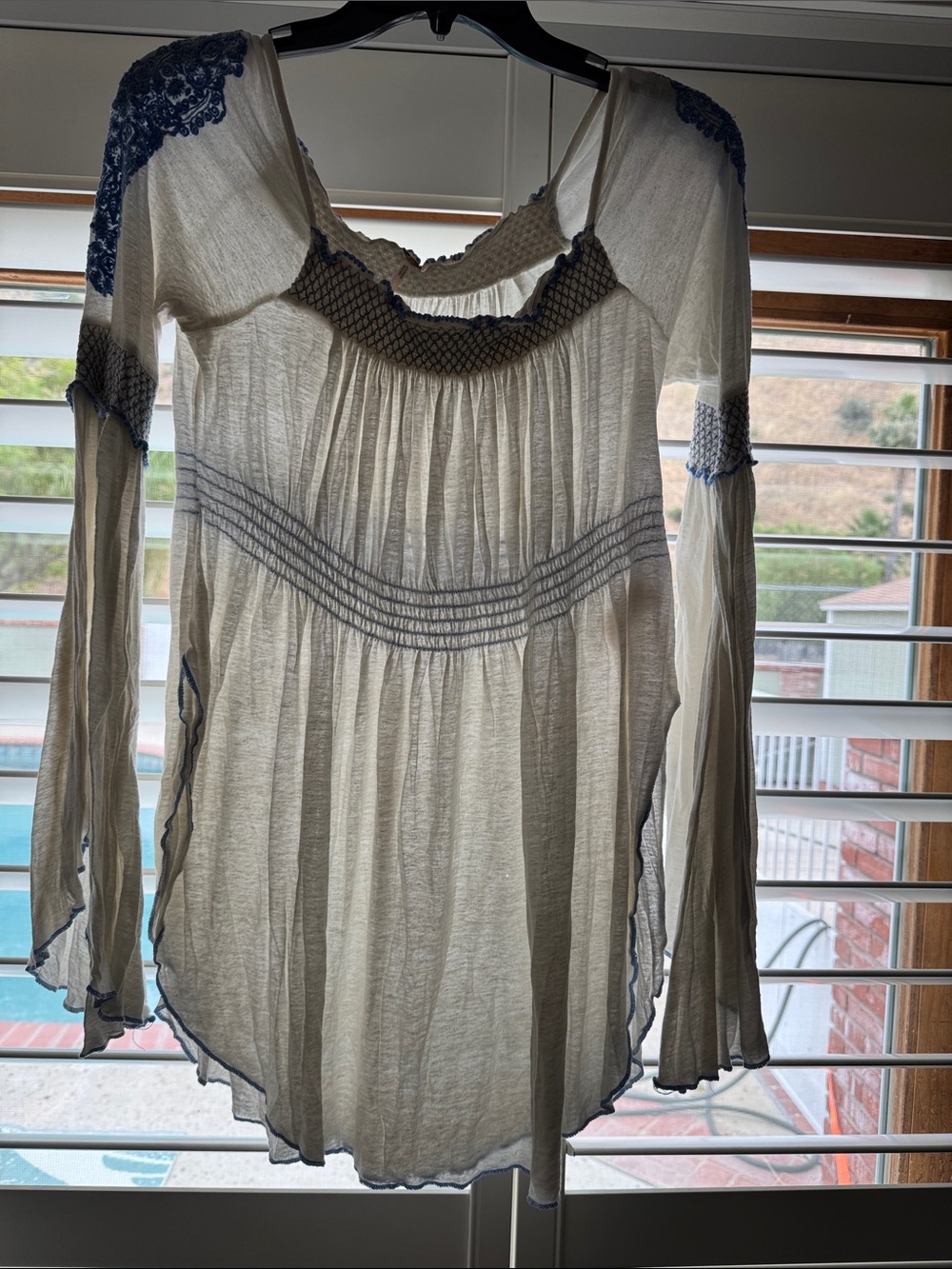 Free People Women's Ivory Peasant Blouse with Blue Embroidery
